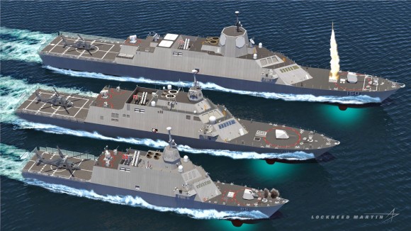 Diferentes versões do Littoral Combat Ship para exportação, a de maior porte aparece com radares SPY-1F