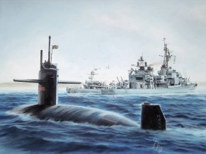 Pintura homenageia Comandante da Marinha e inclui o futuro submarino nuclear brasileiro O passado... e o futuro
