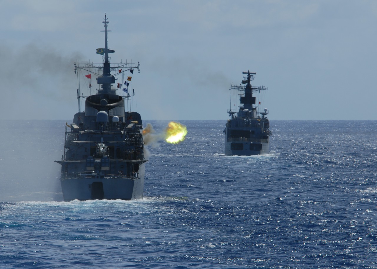 ATLANTIC OCEAN (April 22, 2011) The Brazilian Navy frigate Niterói (F 40) fires at an unmanned aerial vehicle during a drone exercise (DRONEX) with ships from the U.S. and Mexico during the Atlantic phase of UNITAS 52. (U.S. Navy photo by Mass Communication Specialist 1st Class Steve Smith/Released)