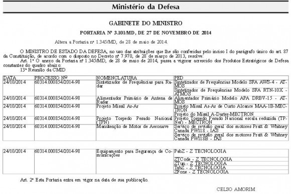 Portaria de 27-11-2014 publicada DOU 28-11 com Torpedo Pesado Nacional - Prod Estrat Defesa