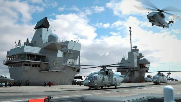 classe Queen Elizabeth com helicóptero Merlin - foto via MD UK