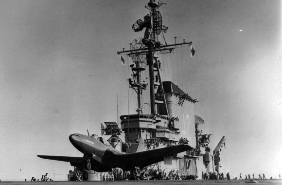An XFD-1 Phantom in the U.S. Navy's first test of the adaptability of jet aircraft to shipboard operations on board the carrier Franklin D. Roosevelt (CVB 42)
