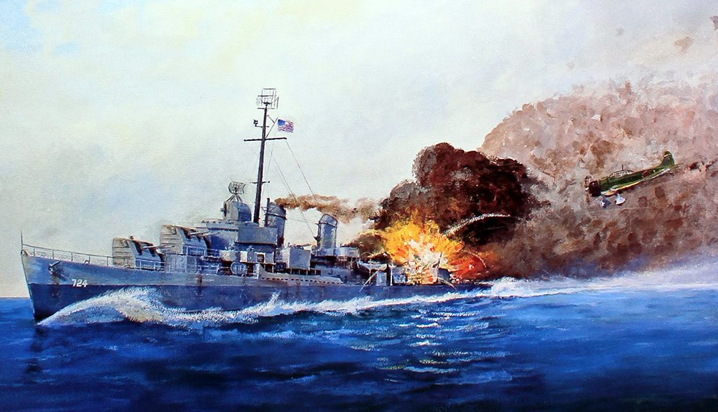 Pintura retratando o USS Laffey sob ataque dos kamikazes