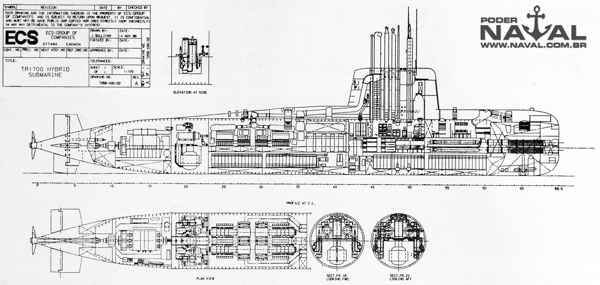 Planos do submarino TR-1700 com o plug de propulsão híbrida AMPS (N)