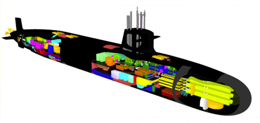 Visão em corte simplificada do SN-BR. Observar a semelhança com o Scorpene S-BR