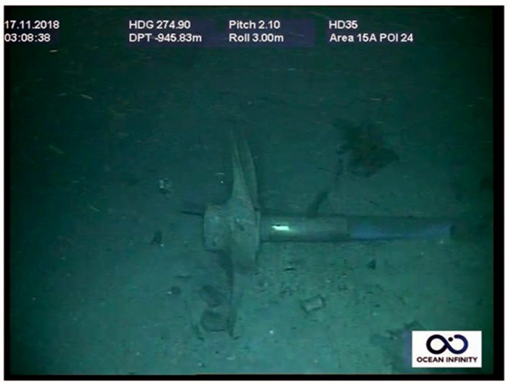 Imagem mostra hélice e parte do eixo propulsor do submarino ARA San Juan encontrado no fundo do Oceano Atlântico — Foto Marinha Argentina