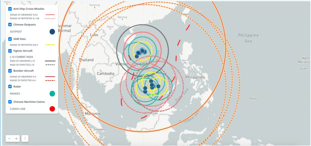 Aviões, mísseis e radar chineses abrangem o Mar do Sul da China, via CSIS. Clique para ampliar