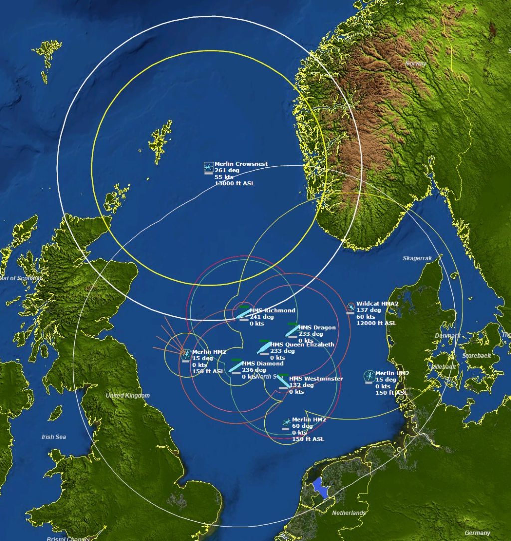 Tela do simulador Command Modern Operations mostrando a cobertura do Merlin Crowsnest operando com o Carrier Strike